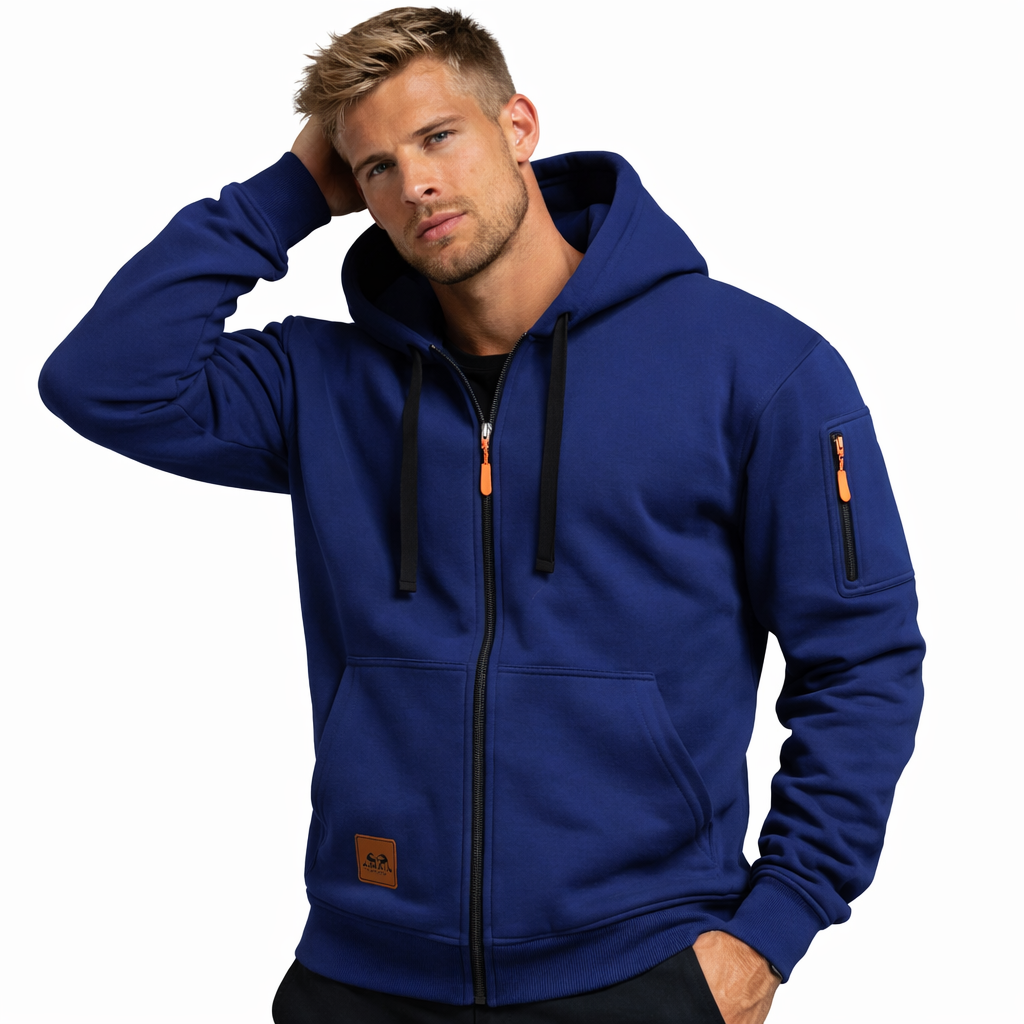 Casual menns glidelåsjakke med hette for vår og høst. Perfekt for en sporty og komfortabel hverdagslook.