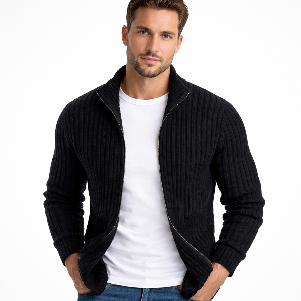 Herrecardigan slim fit med glidelås i nøytral farge, perfekt for menns vår- og høstgarderobe.