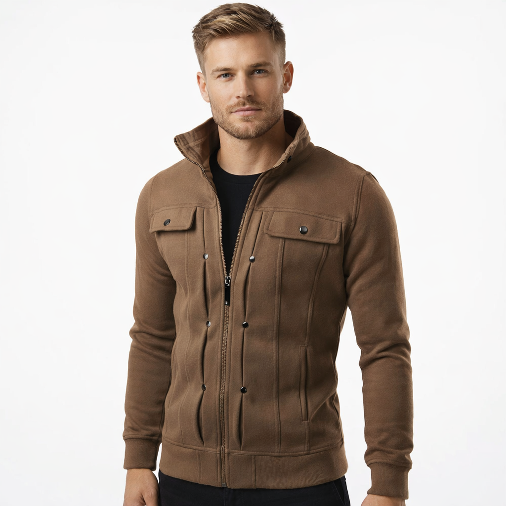 Stilfull vårjakke for menn, lang modell med ståkrage. Elegant og casual design, ideell for overgangsvær.