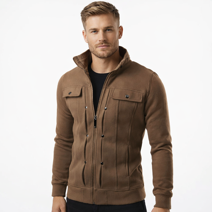 Stilfull vårjakke for menn, lang modell med ståkrage. Elegant og casual design, ideell for overgangsvær.