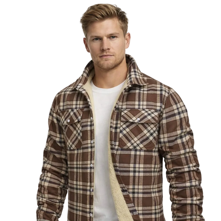 Herrejakke: Varm flanellskjorte med mykt fleecefôr, rutete design. Perfekt vinterjakke for menn.