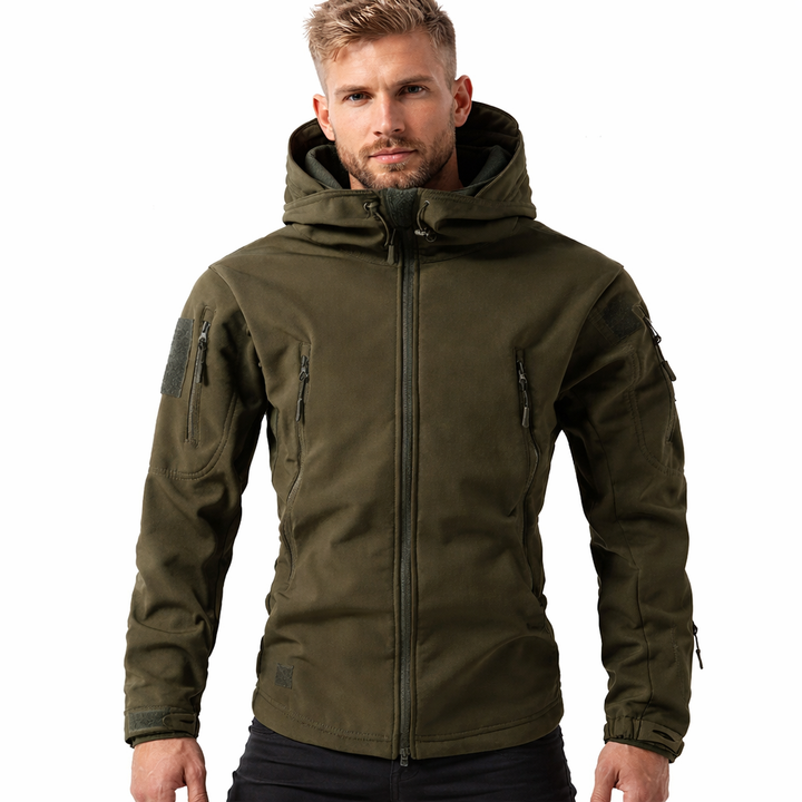 Menns vanntett softshell jakke med hette. Varm, vindtett turjakke for friluftsliv.