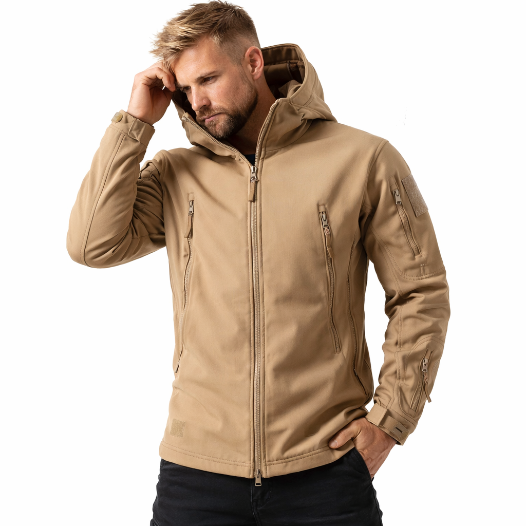 Herre softshell jakke: vanntett, vindtett, pustende. Ideell for tur, jakt, fiske utendørs.