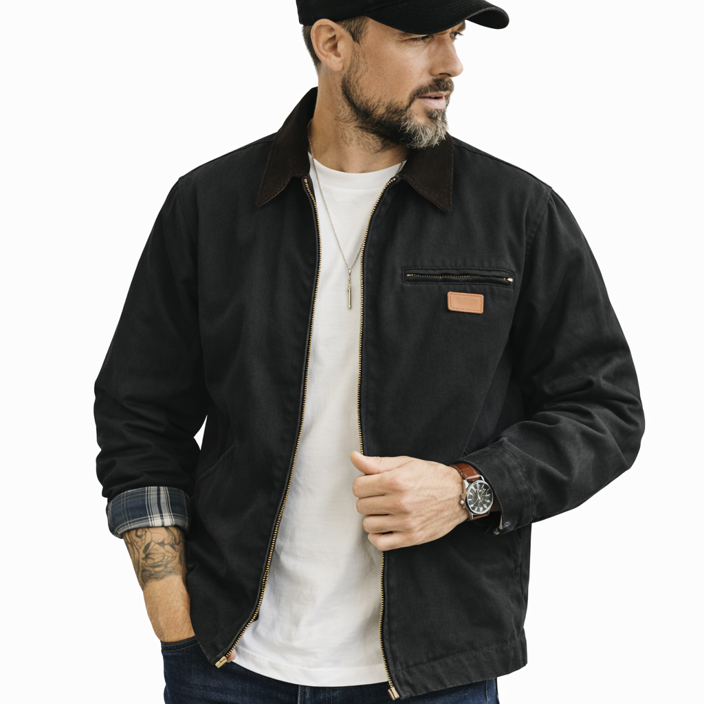 Slitesterk herre canvas workwear jakke med glidelås, robust design for tøffe arbeidsforhold.