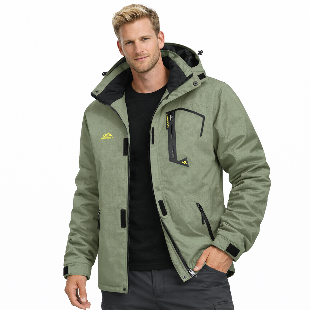 Svart herre parkas forfra, varm og vanntett vinterjakke for kulde.