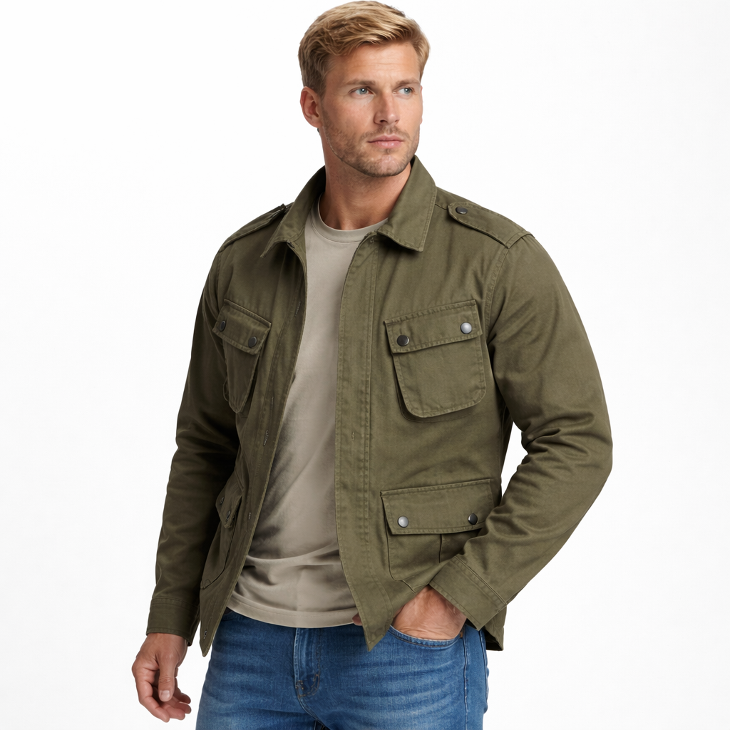 Casual bomullsskjortejakke for menn, vintage arbeidsstil, ideell for vår og høst.