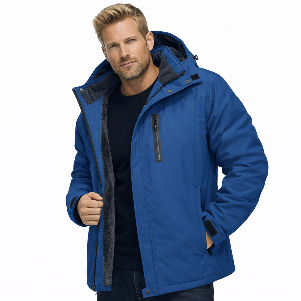 Tykk fleecejakke til herre, softshell ytre, designet for vinterkulde, ski og utendørsaktiviteter.