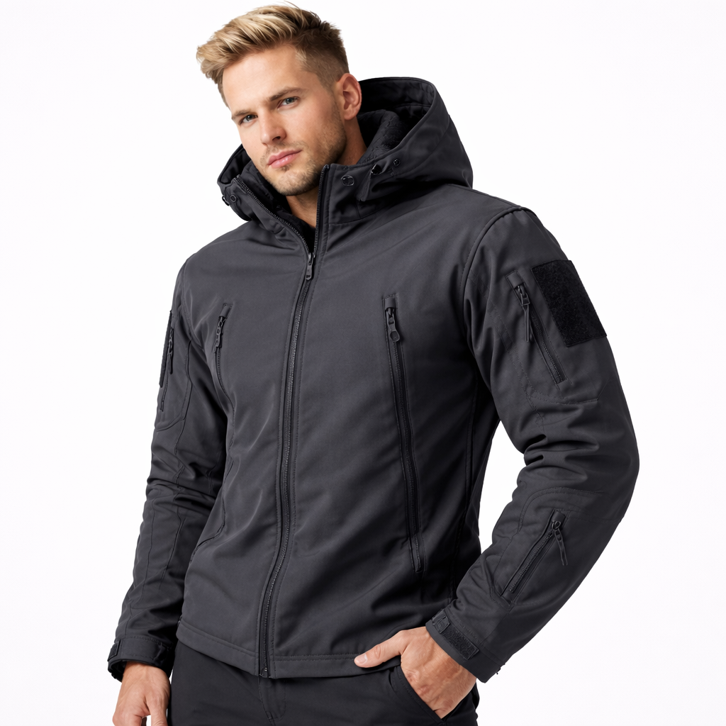 Herre softshell taktisk jakke i vanntett materiale med hette. Varm og slitesterk for utendørs bruk.