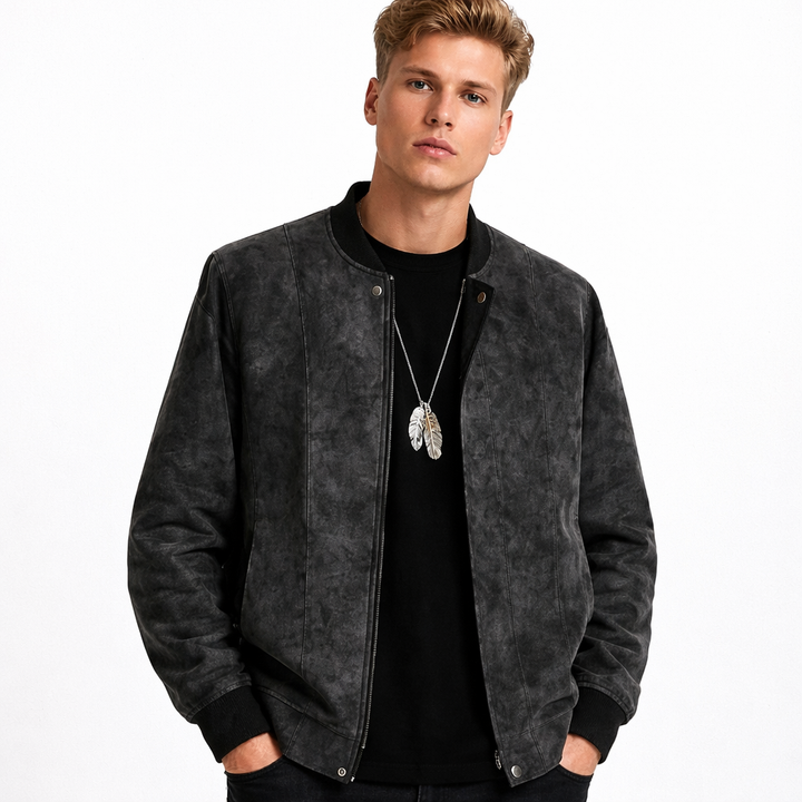 Herre bomberjakke i semsket skinn, slim fit retro stil. Trendy høst- og vinterjakke for menn.