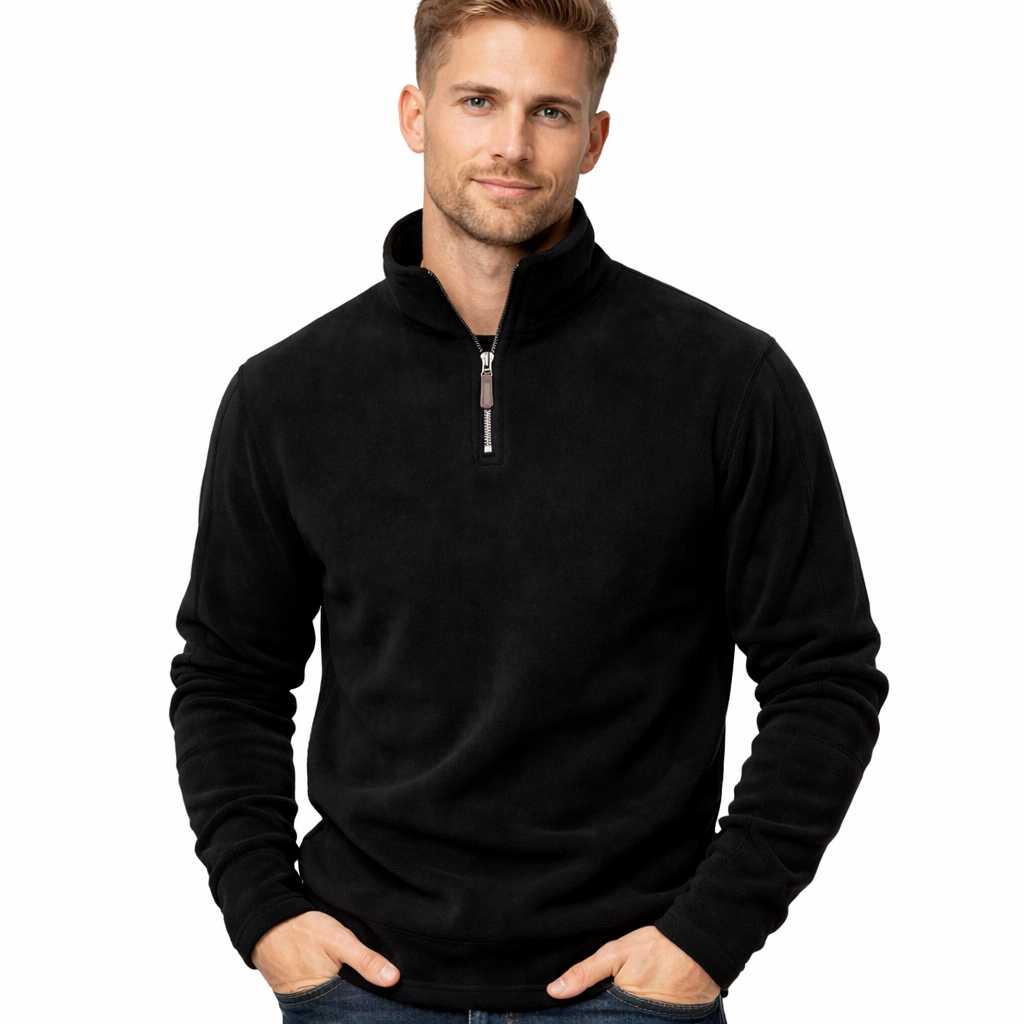 Herre fleecegenser i softshell-look, varmt og tykt mellomlag med praktisk halv glidelås.