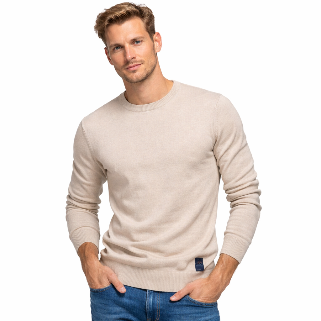 Elegant herregenser i myk ullblanding, ensfarget med rund hals. Ideell for casual eller pent.