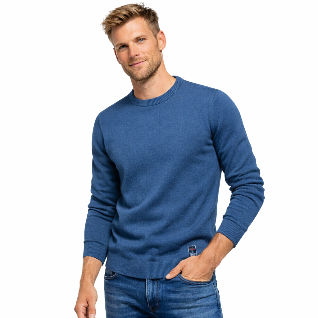 Stilig rund hals strikkegenser for menn. Varm ullblanding perfekt for kalde dager, elegant passform.