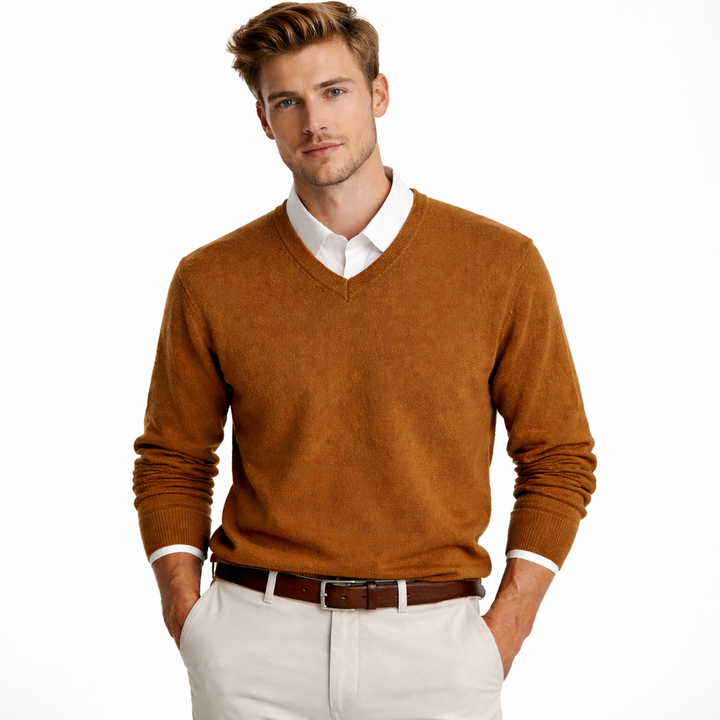 Marineblå V-hals merinoullgenser for menn. Elegant, kløfri ullgenser for business/casual.