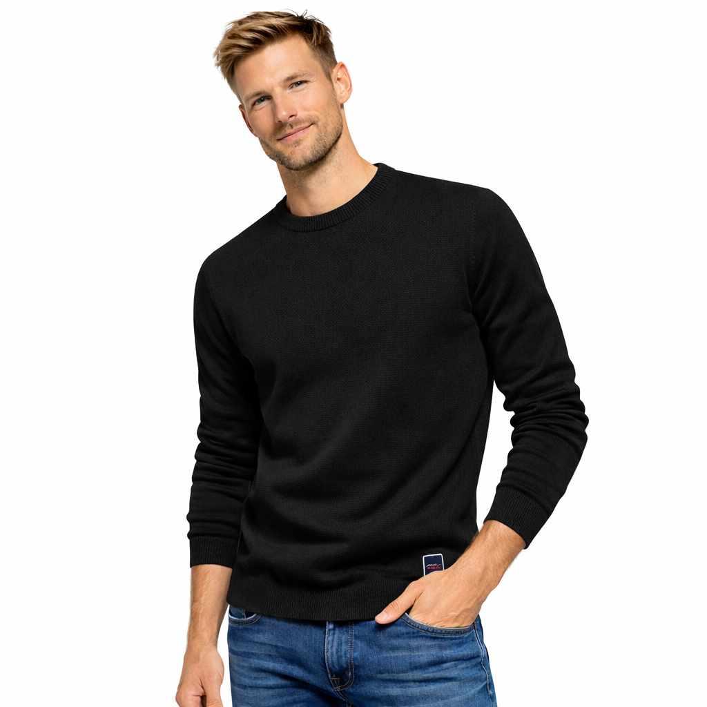 Blå ullblanding herregenser, elegant rund hals design, perfekt for høsten. Komfortabel og varm.
