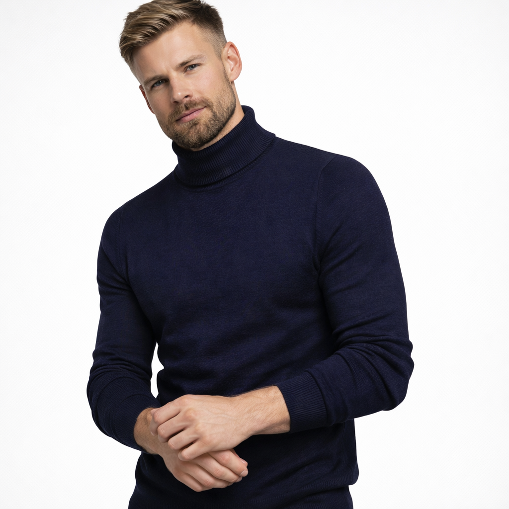 Komfortabel grå herregenser med høy hals. Allsidig pullover for casual og formell stil.