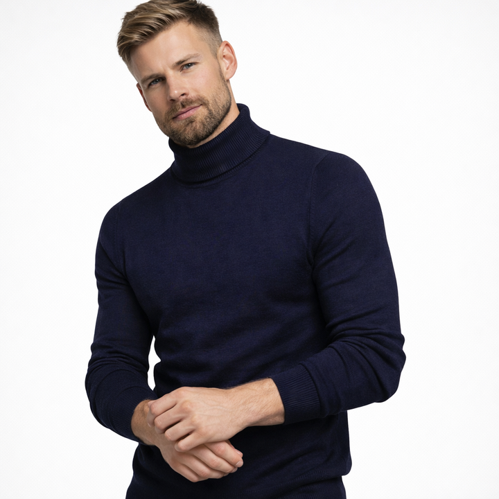 Komfortabel grå herregenser med høy hals. Allsidig pullover for casual og formell stil.