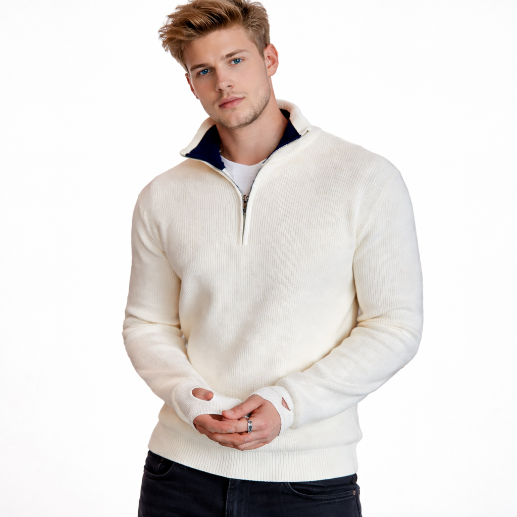 Herre slim fit strikkegenser med halv glidelås og ståkrage. Elegant, varm og komfortabel genser for høst/vinter.