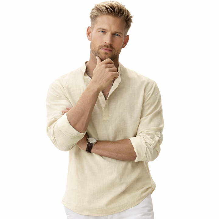 Casual langermet herreskjorte. Henley-stil i lett bomull/lin, ideell som pustende sommerskjorte.