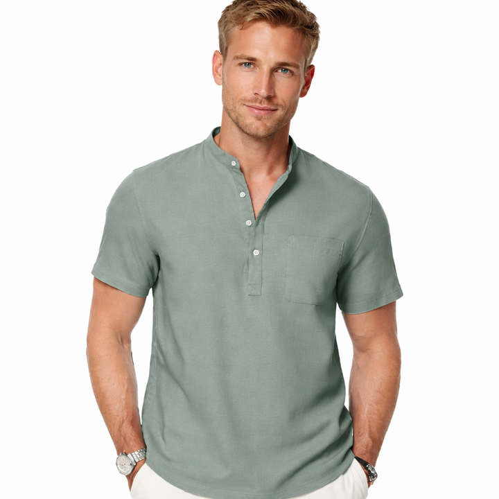 Langermet herreskjorte i bomull lin med Henley-krage for sommeren. Pustende og lett fritidsskjorte i casual stil.