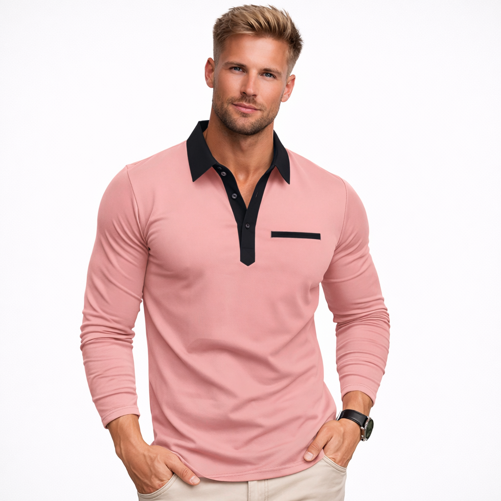 Mann i en elegant langermet poloskjorte. Tidløs business-casual stil, perfekt for kontor og fritid.