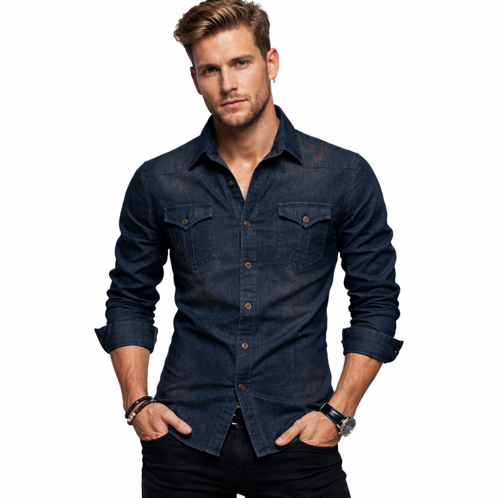 Herre slim fit denimskjorte i klassisk cowboy-stil for casual hverdagsbruk.