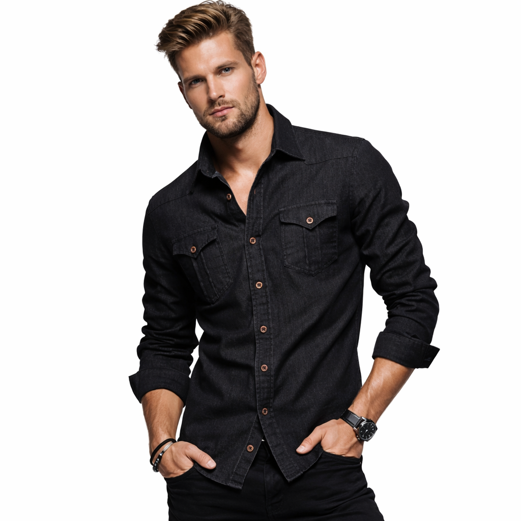 Stilfull herre slim fit denimskjorte med trykknapper og brystlommer. Klassisk design.