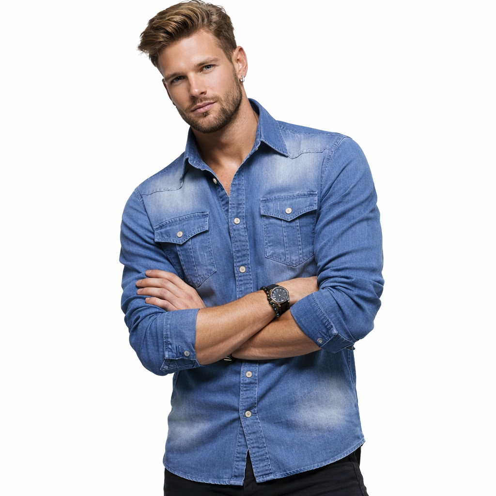 Nærbilde av slitesterk blå denim på herreskjorte, ideell for casual fritid og moderne komfort.