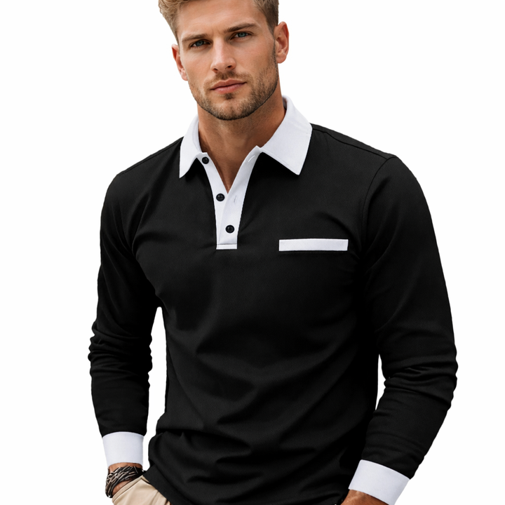 Menns langermet strikket poloskjorte i business casual stil. Ideell for kontor og fritid, komfortabel passform.
