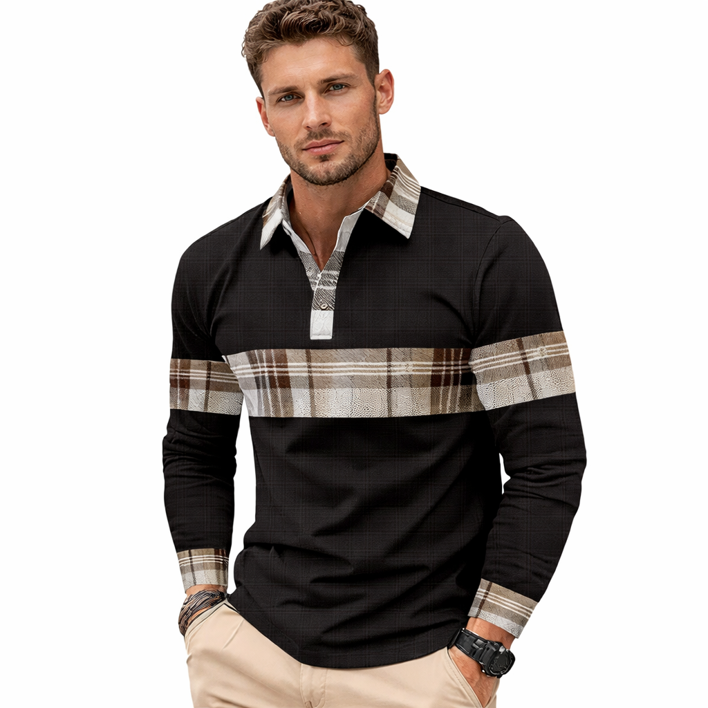 Menns langermet poloskjorte i pustende polyester, perfekt for elegant hverdagsbruk og fritid om våren/høsten.