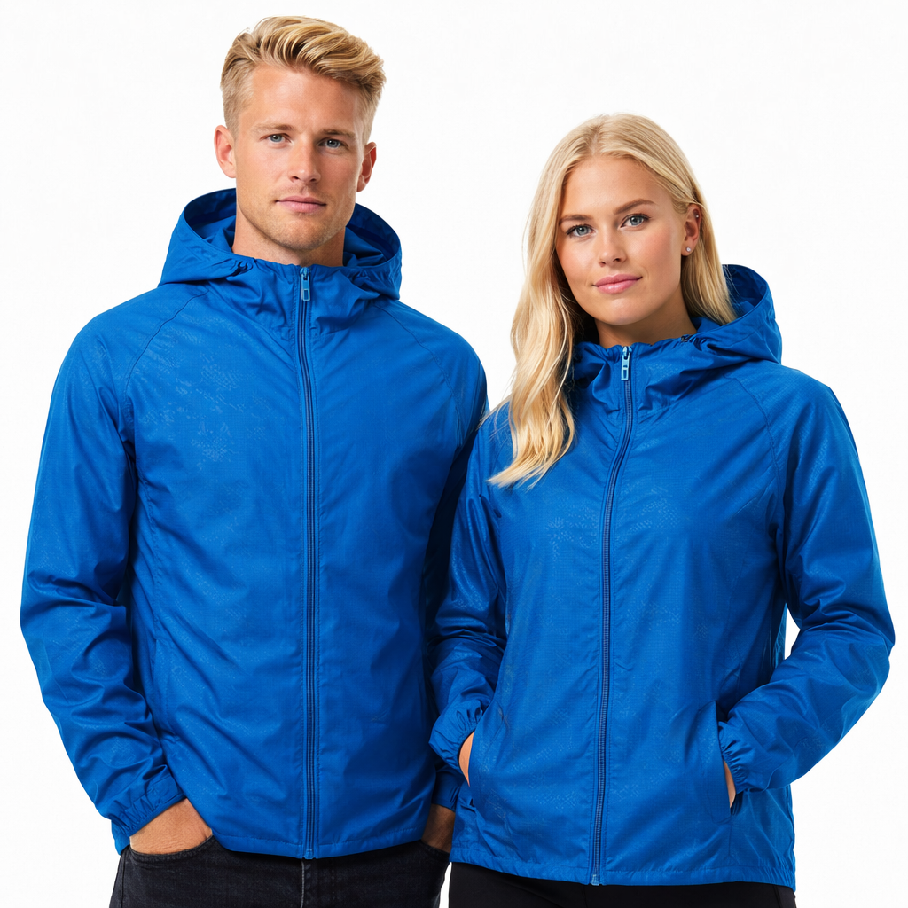 Lettvekts unisex regnjakke med solbeskyttelse, ideell for fjellturer og camping.