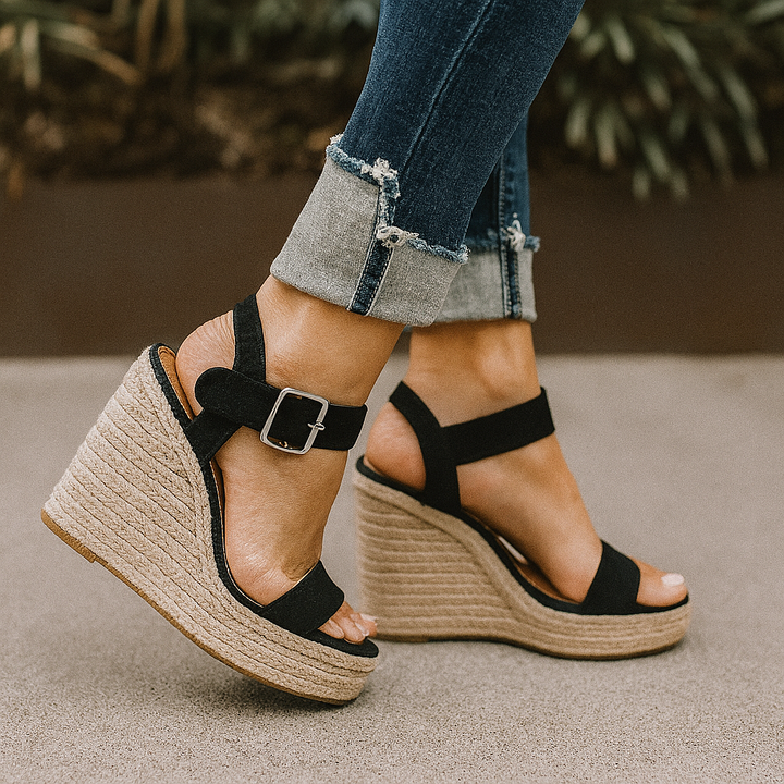 Komfortable espadrille kilehæl sandaler for kvinner. Perfekte åpentå damesandaler for sommer, ferie og casual bruk.