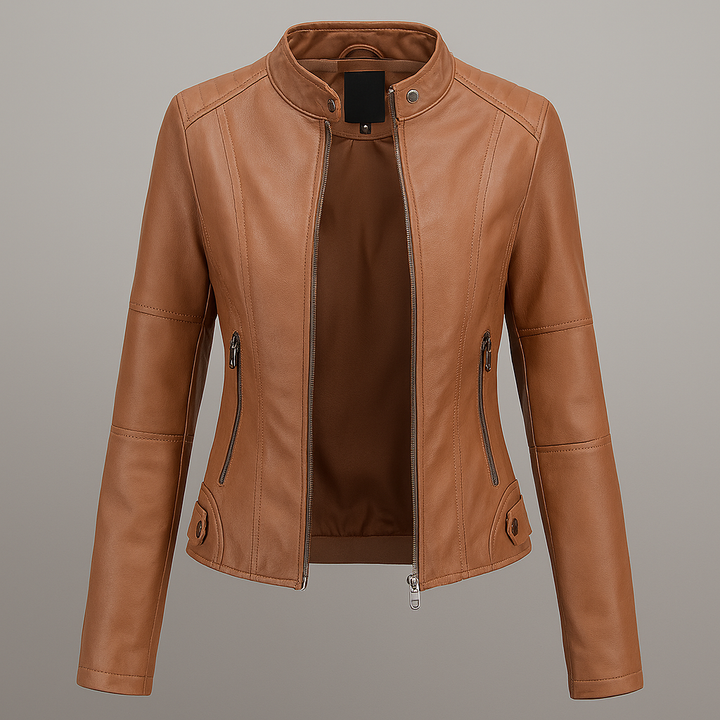 Kvinners rød slim fit moto-jakke i PU-skinn; en moderne og komfortabel jakke.