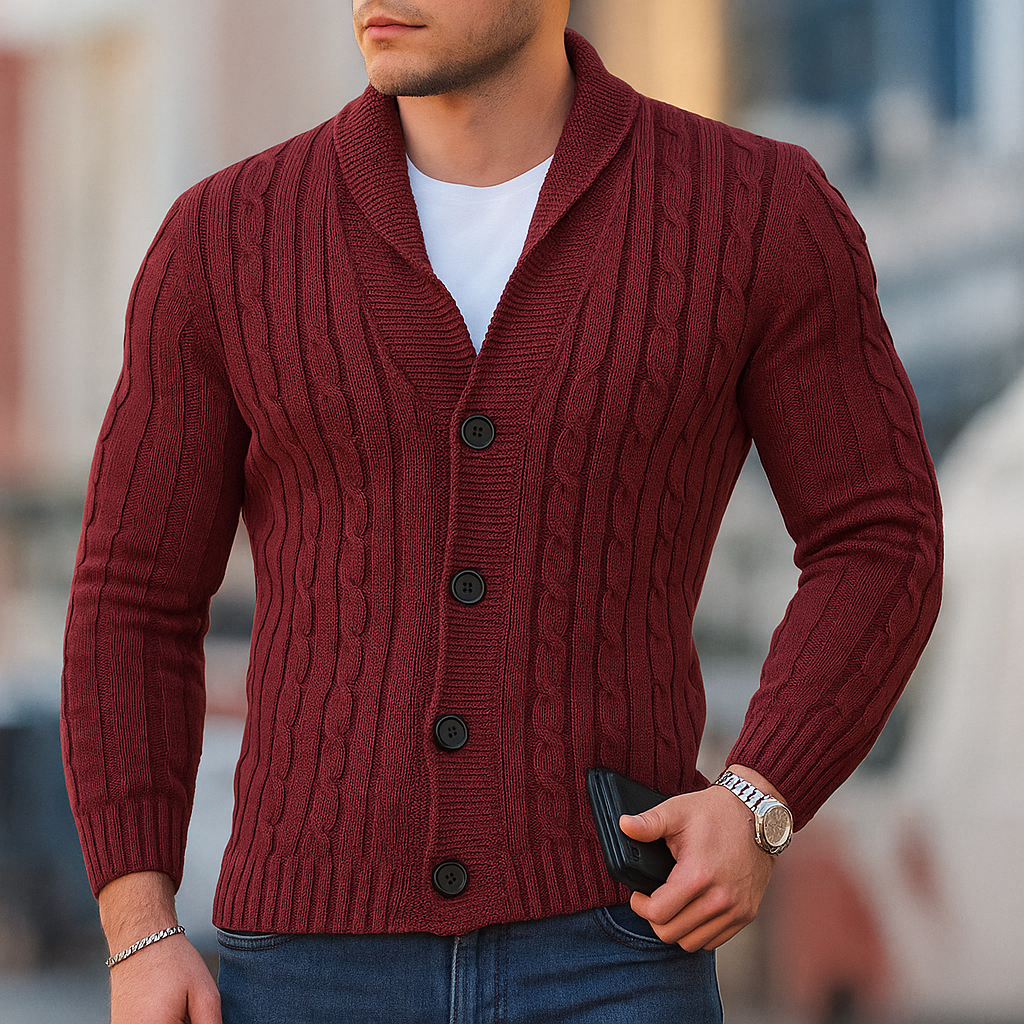 Varm menns cardigan i klassisk strikkedesign. Ideell høstgenser og vintermote for menn, komfortabel.