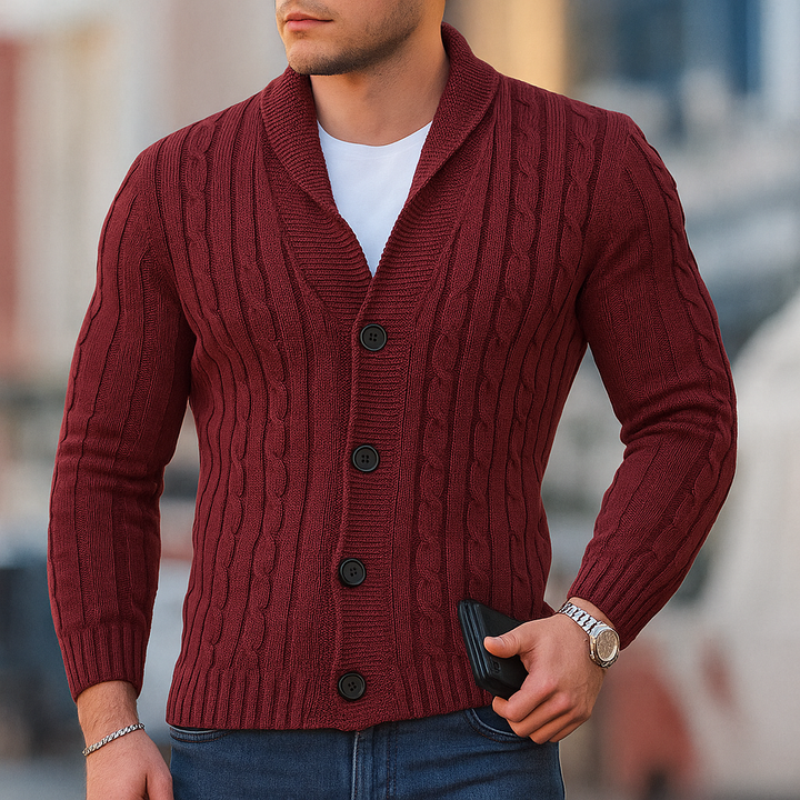 Varm menns cardigan i klassisk strikkedesign. Ideell høstgenser og vintermote for menn, komfortabel.