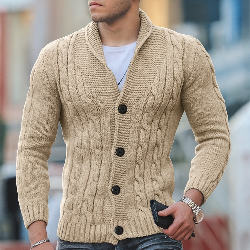 Menns varm strikket cardigan i klassisk stil. Komfortabel genser for høst og vinter, allsidig herremote.