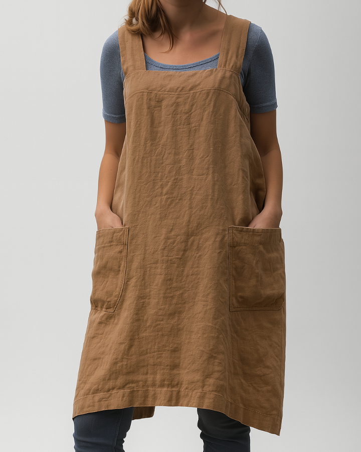 Kvinnes komfortabel bomull-lin forklekjole med praktiske lommer, perfekt for vår og sommer.