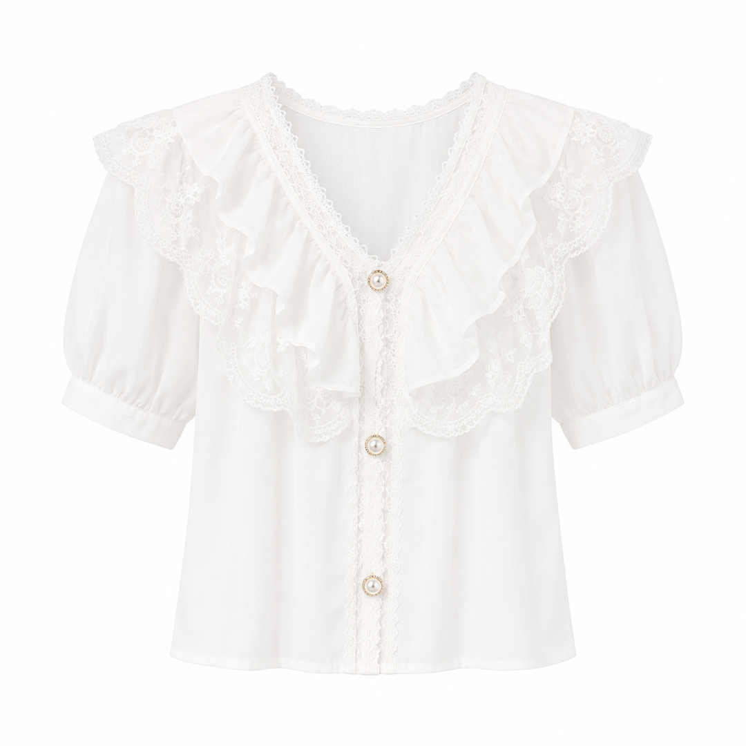 Hvit blondetopp for dame med puffermer. Stilfull festbluse eller hverdagstopp for vår og sommer.