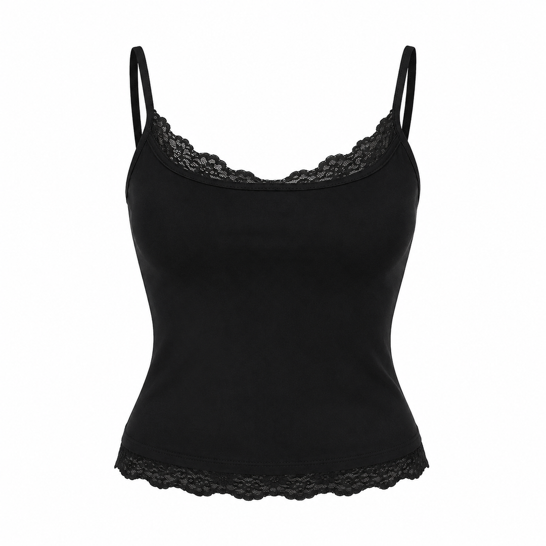 Svart dame cami crop topp med blondekant og justerbare spagettistropper. Allsidig for fest eller fritid.
