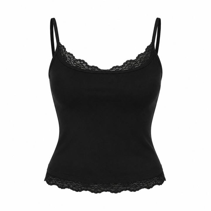 Svart dame cami crop topp med blondekant og justerbare spagettistropper. Allsidig for fest eller fritid.