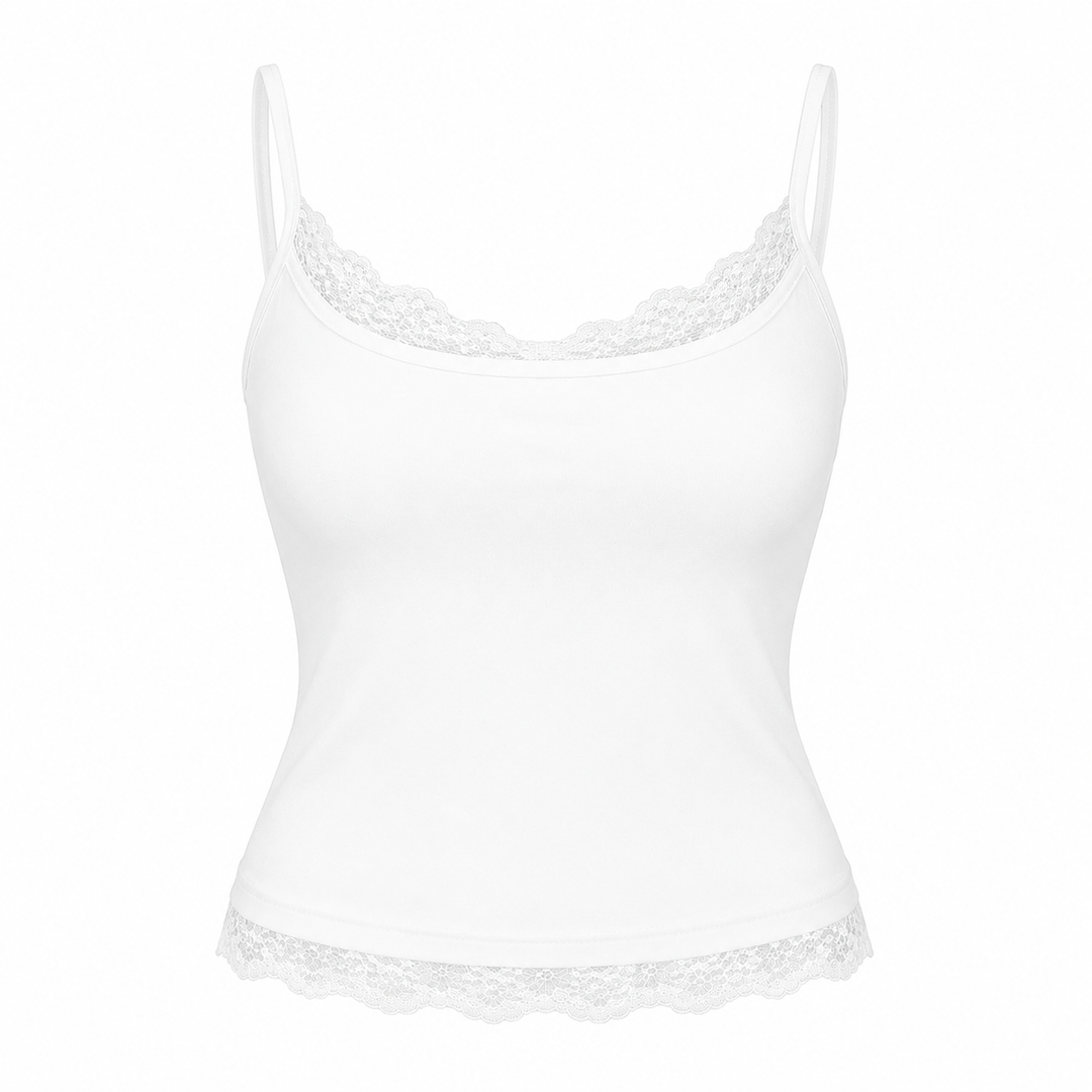 Sommerlig cami blondetopp for kvinner med crop lengde og tynne stropper, ideell for varme dager og layering.