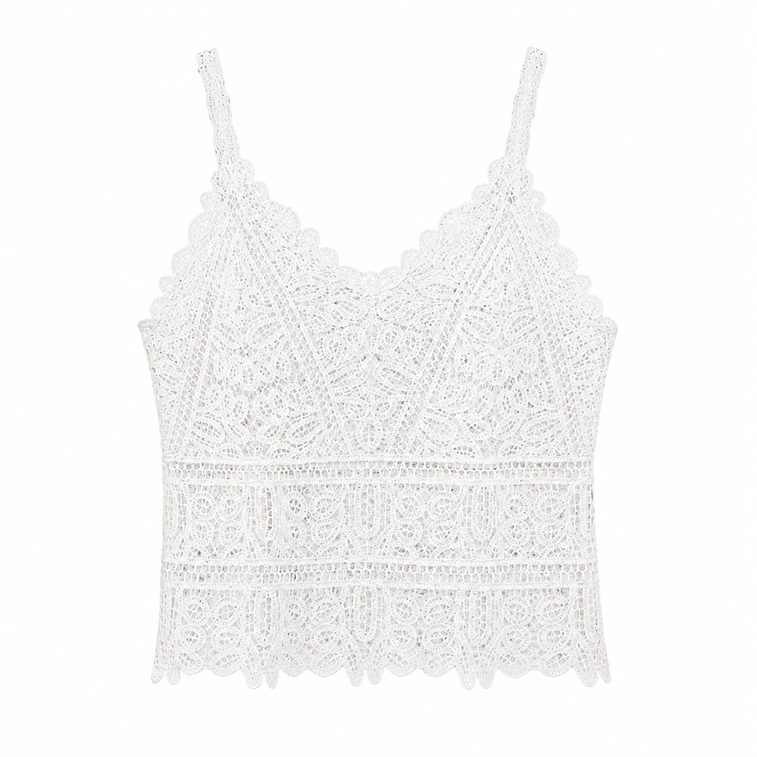 Komfortabel strikket ryggløs crop topp for dame. Heklet sommertopp, ideell strandtopp til ferie.