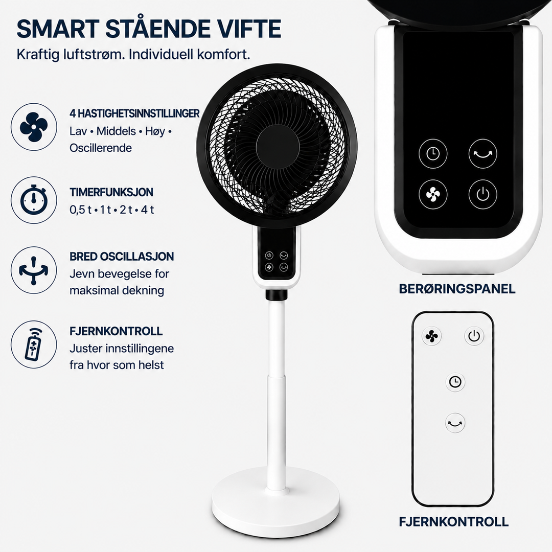 Hvit justerbar stativvifte WC2026 med 3D-oscillering, stillegående DC-motor og fjernkontroll for effektiv kjøling.