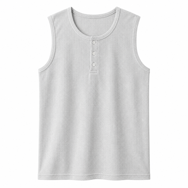 Behagelig herre Henley tank topp, perfekt som ermeløs sommerklær for fritid. Tilgjengelig i hvit.