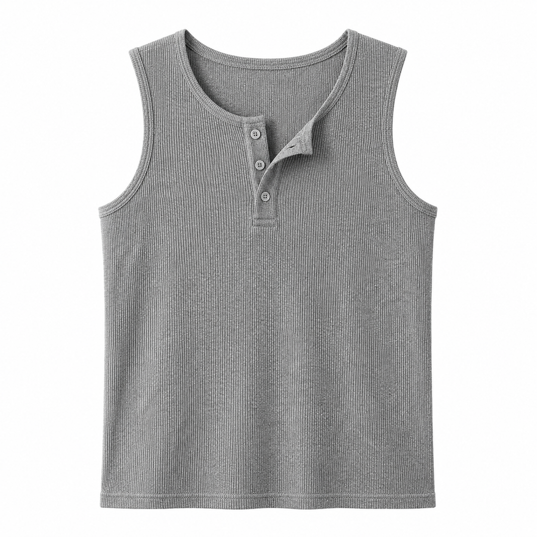 Herre Henley tank topp i grå, vist fra siden. Ermeløs design med knapper, ideell for varmt vær.