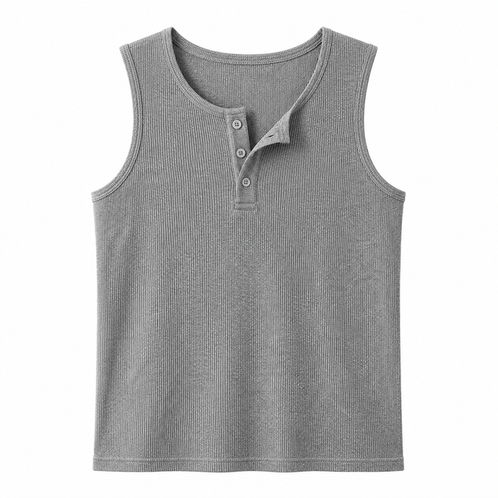 Herre Henley tank topp i grå, vist fra siden. Ermeløs design med knapper, ideell for varmt vær.