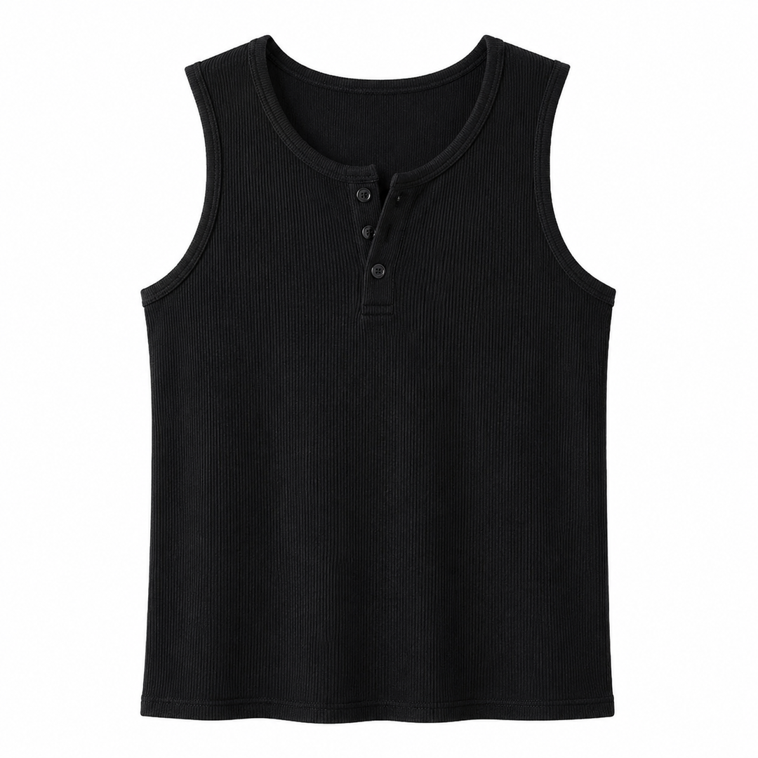 Utvalg av herre Henley tank topper i hvit, grå og svart. Stilige ermeløse topper med knapper for casual bruk.