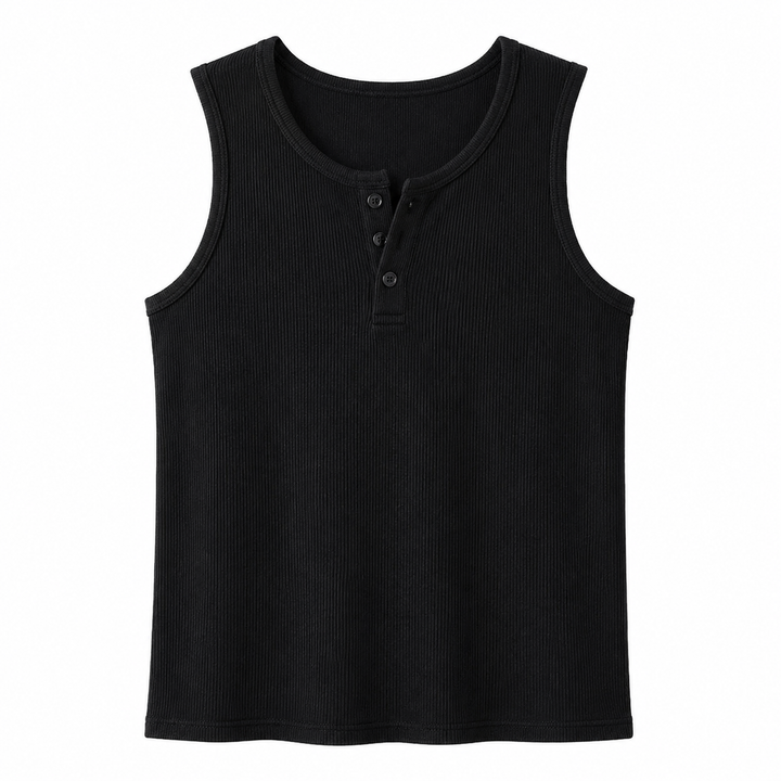 Utvalg av herre Henley tank topper i hvit, grå og svart. Stilige ermeløse topper med knapper for casual bruk.