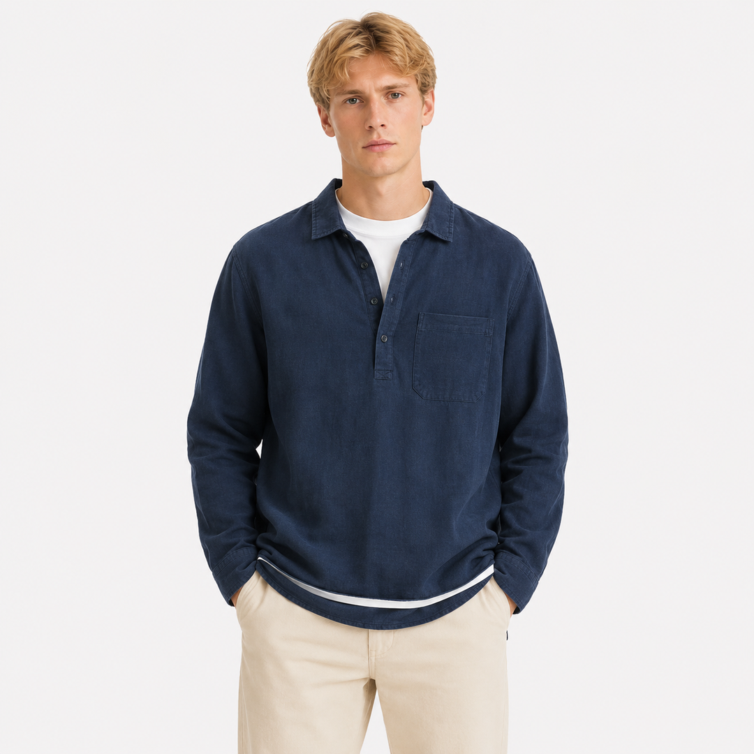Herre langermet pullover skjorte med firkantet hals. Komfortabel og avslappet hverdagsstil for vår og sommer.