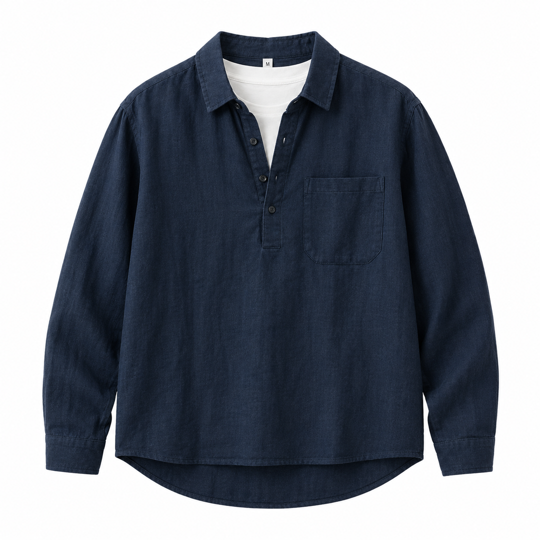 Uformell herre pullover skjorte, langermet med firkantet hals. Ideell for vår, sommer og komfortabel hverdagsbruk.
