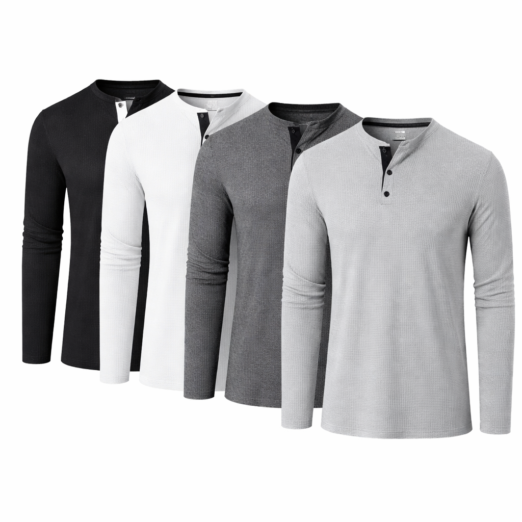Stilren herre langermet Henley t-skjorte i vaffelstruktur, slim fit bomull. Perfekt hverdagsskjorte for vårklær.